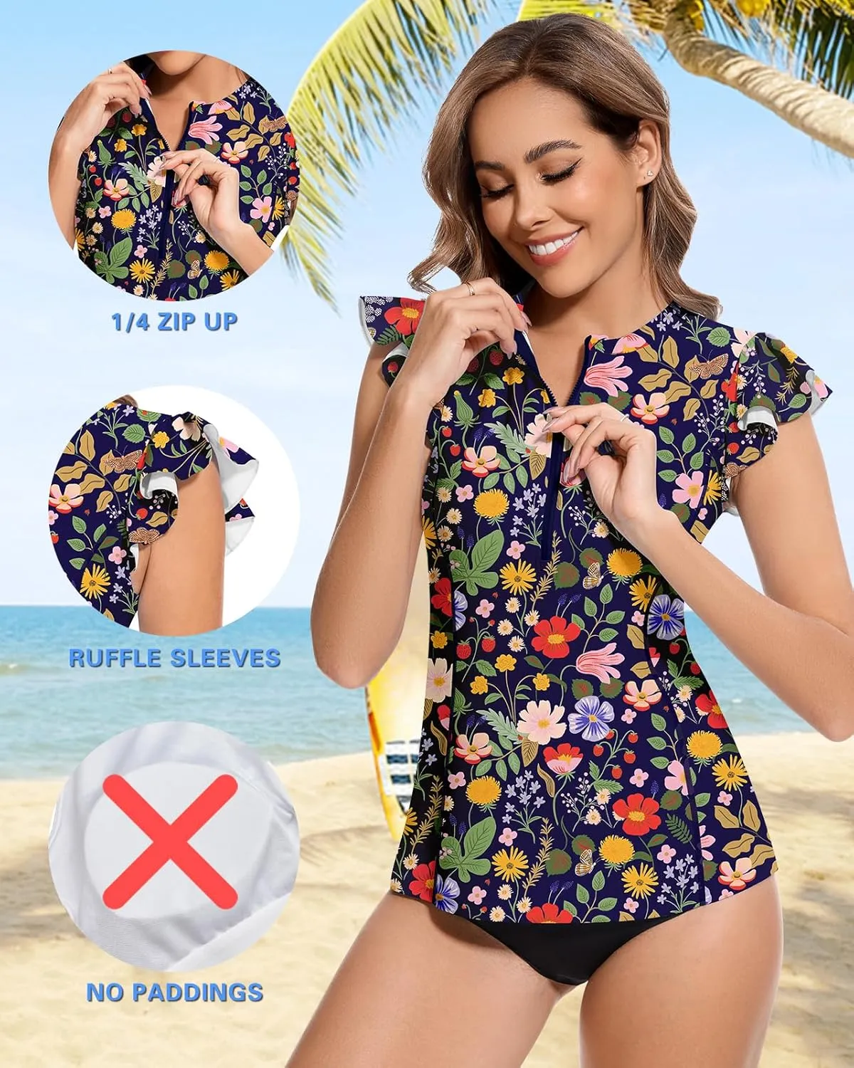 WOWENY Women Rash Guard Ruffle Sleeveless Swim Shirts Sun Protection Swimsuit Top Bathing Suit No Bottom