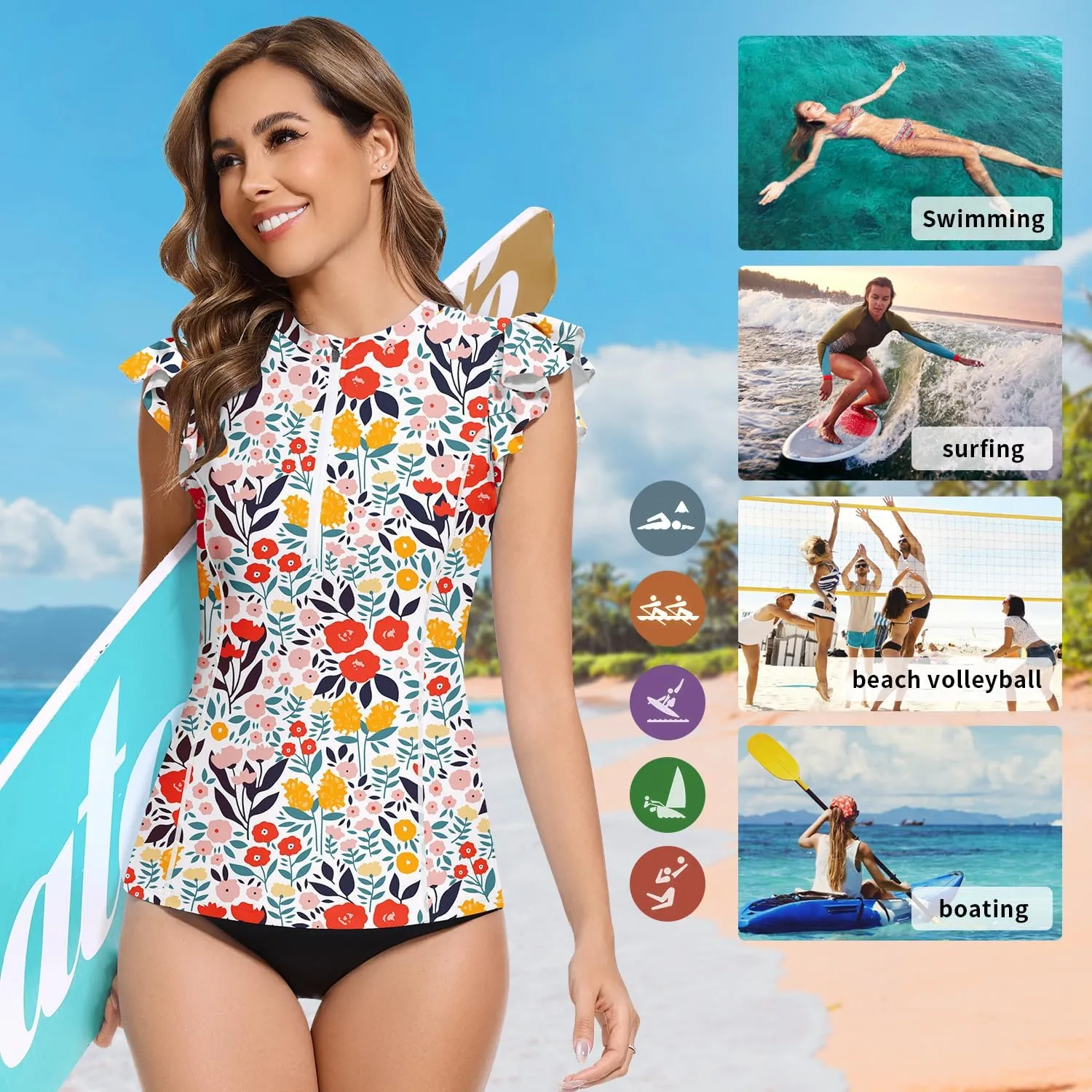 WOWENY Women Rash Guard Ruffle Sleeveless Swim Shirts Sun Protection Swimsuit Top Bathing Suit No Bottom