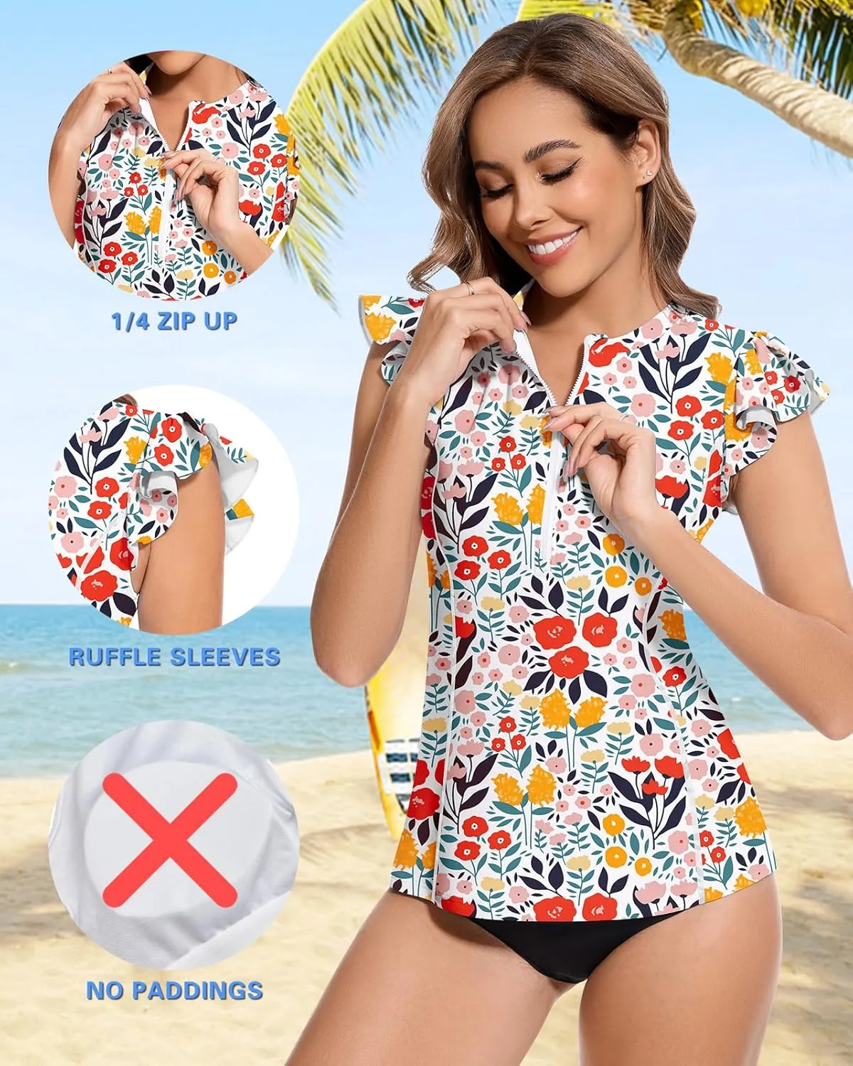 WOWENY Women Rash Guard Ruffle Sleeveless Swim Shirts Sun Protection Swimsuit Top Bathing Suit No Bottom