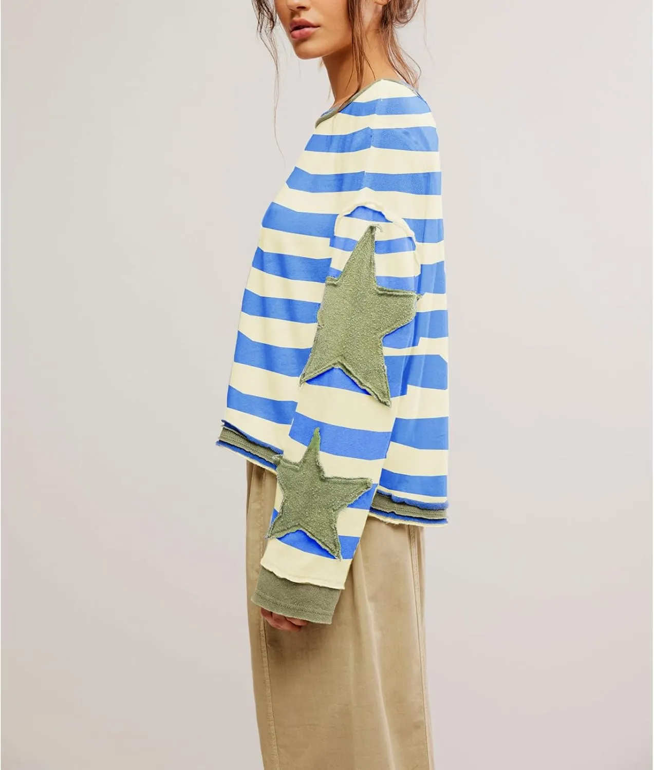 Y2k Oversized Sweatshirts Womens Long Sleeve Crewneck Cute Star Striped Graphic Hoodies Shirts Teens Girl Jacket