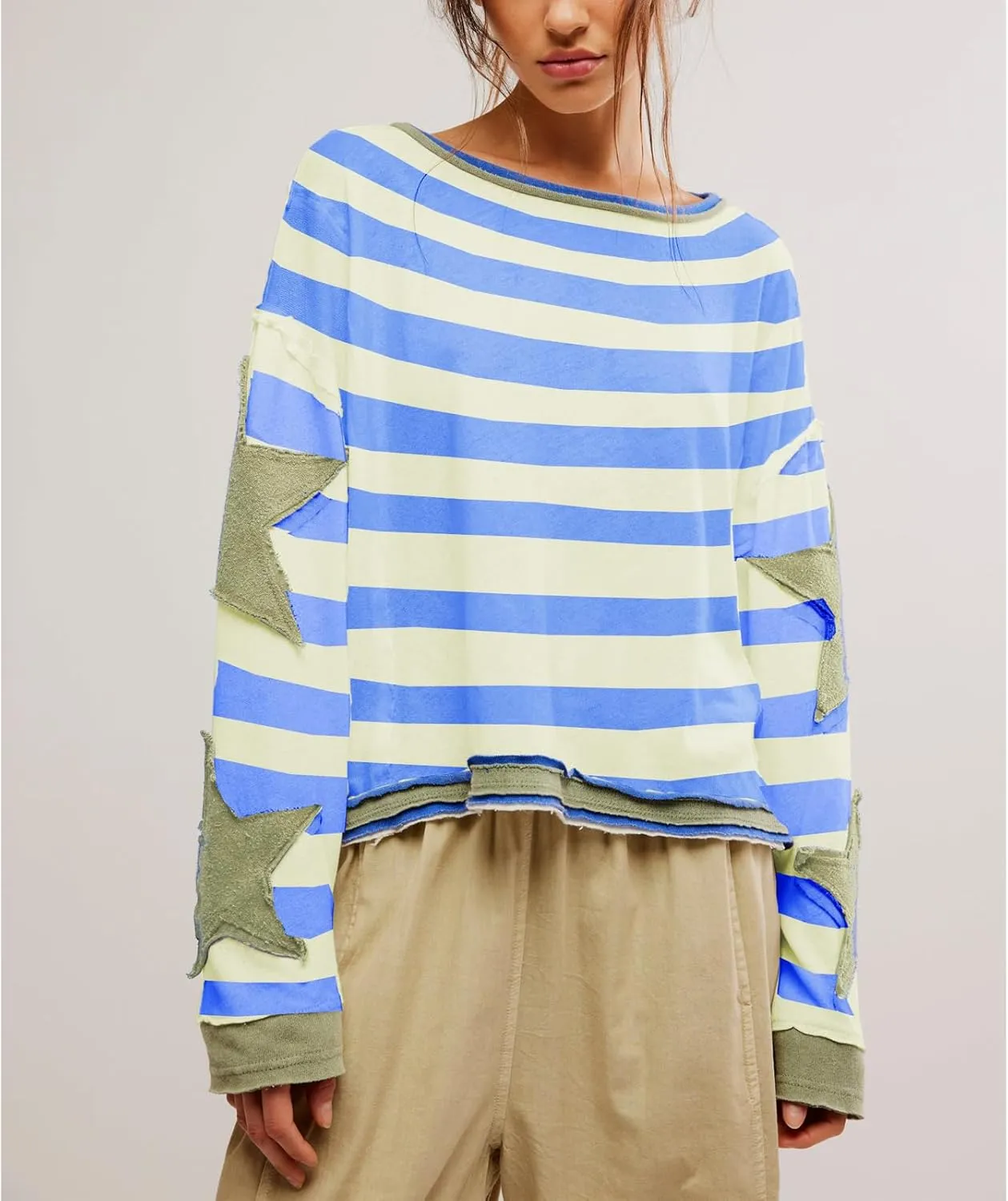 Y2k Oversized Sweatshirts Womens Long Sleeve Crewneck Cute Star Striped Graphic Hoodies Shirts Teens Girl Jacket