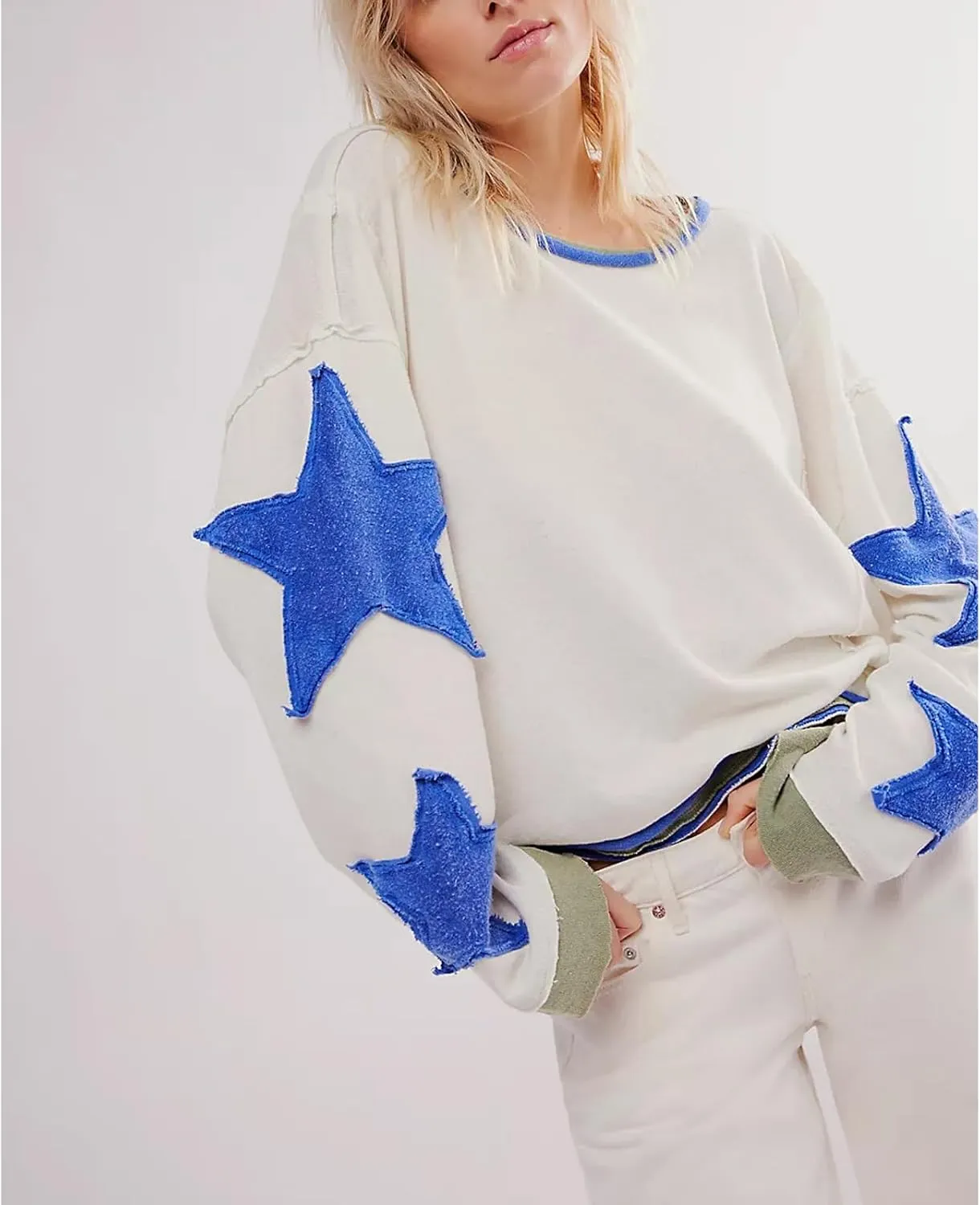 Y2k Oversized Sweatshirts Womens Long Sleeve Crewneck Cute Star Striped Graphic Hoodies Shirts Teens Girl Jacket