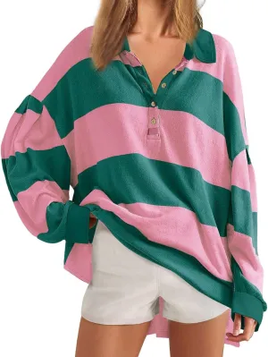 Y2K Tops for Women Fall 2024 Fashion Color Block Striped Polo Shirt Oversized Long Sleeve Button Up Blouse Pullover