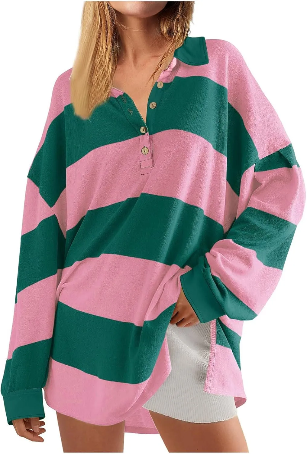 Y2K Tops for Women Fall 2024 Fashion Color Block Striped Polo Shirt Oversized Long Sleeve Button Up Blouse Pullover