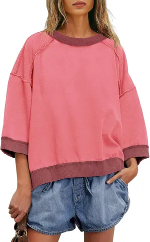 Yanekop Womens Crewneck Short Sleeve Sweatshirt 3/4 Sleeve Tops Color Block Oversized Sweatshirt Summer Shirts
