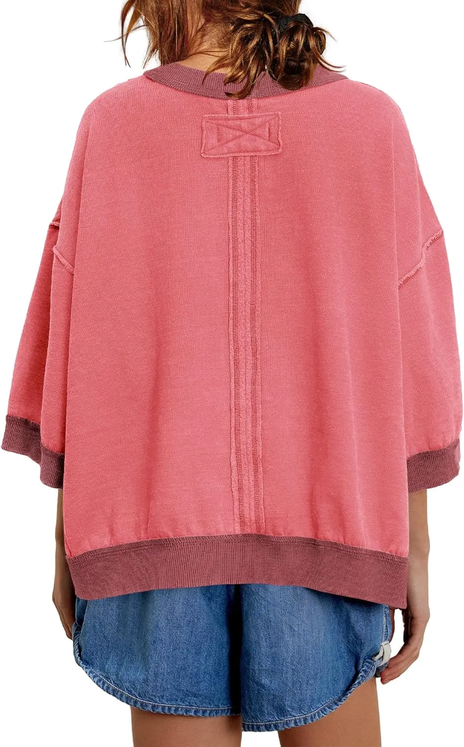 Yanekop Womens Crewneck Short Sleeve Sweatshirt 3/4 Sleeve Tops Color Block Oversized Sweatshirt Summer Shirts