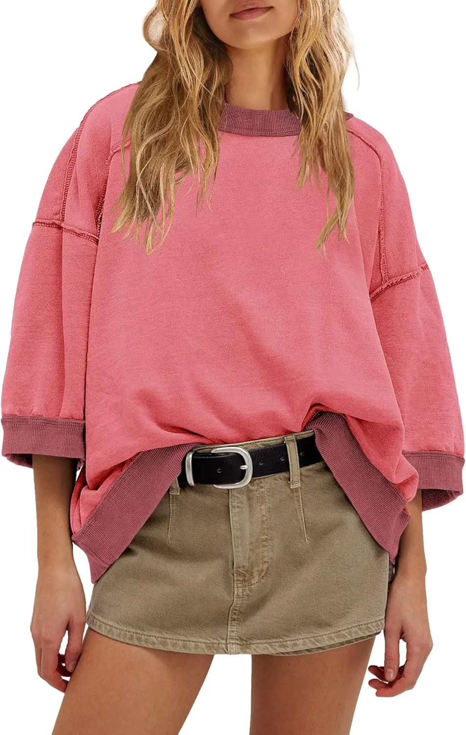 Yanekop Womens Crewneck Short Sleeve Sweatshirt 3/4 Sleeve Tops Color Block Oversized Sweatshirt Summer Shirts