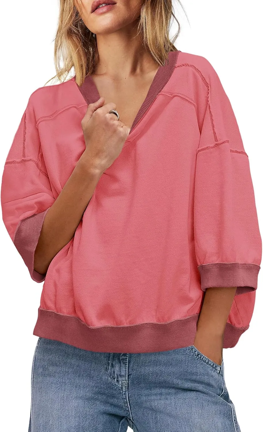 Yanekop Womens Crewneck Short Sleeve Sweatshirt 3/4 Sleeve Tops Color Block Oversized Sweatshirt Summer Shirts