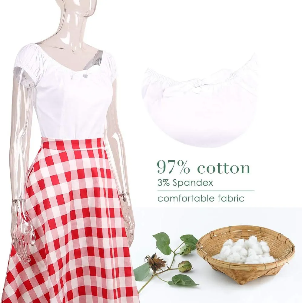 YARN & INK Women's Pinup Shirt 1950s Vintage Rockabilly Puff Sleeve BowBlouse Off Shoulder Tops
