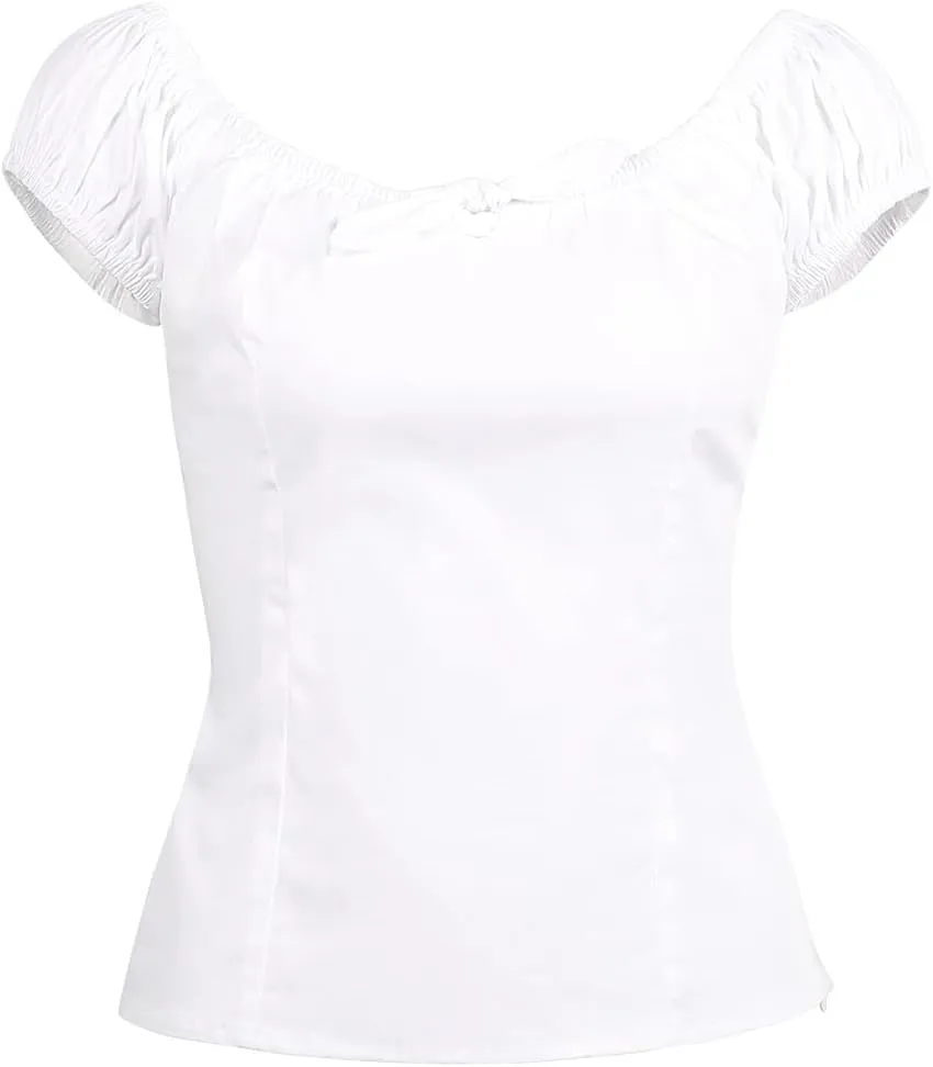 YARN & INK Women's Pinup Shirt 1950s Vintage Rockabilly Puff Sleeve BowBlouse Off Shoulder Tops