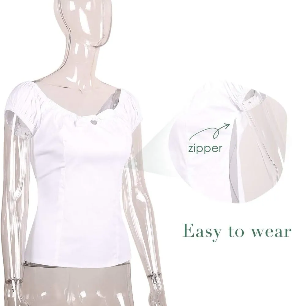 YARN & INK Women's Pinup Shirt 1950s Vintage Rockabilly Puff Sleeve BowBlouse Off Shoulder Tops