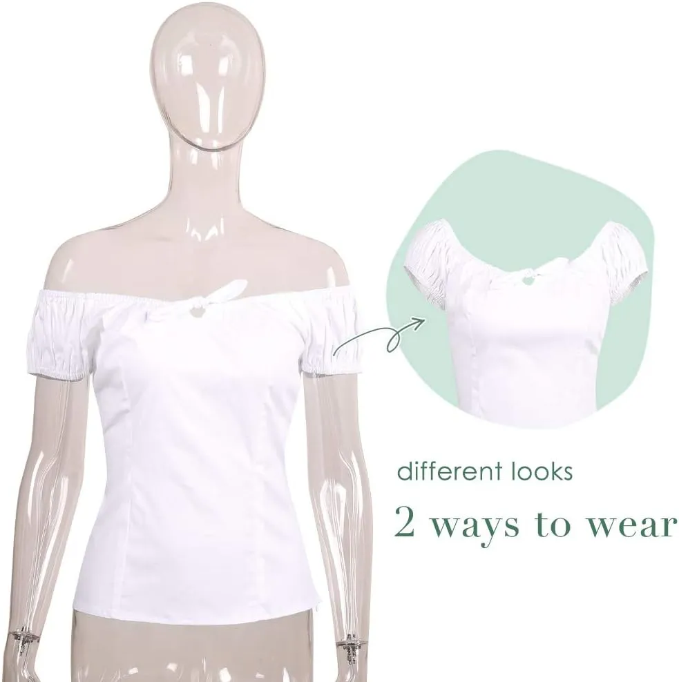 YARN & INK Women's Pinup Shirt 1950s Vintage Rockabilly Puff Sleeve BowBlouse Off Shoulder Tops