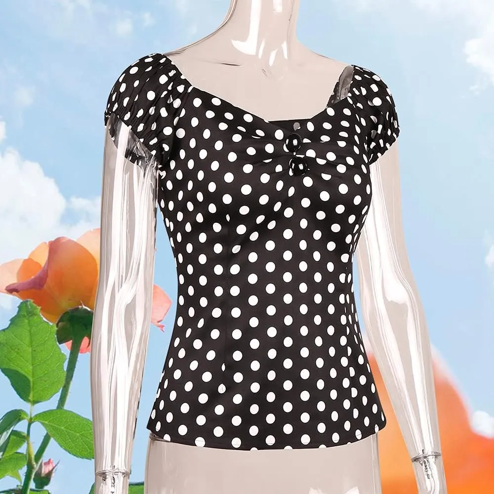 YARN & INK Women's Rockabilly Tops 1950s Pinup Shirt Casual Off Shoulder Vintage Blouse