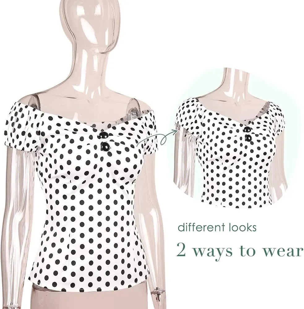 YARN & INK Women's Rockabilly Tops 1950s Pinup Shirt Casual Off Shoulder Vintage Blouse