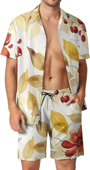 Yellow Leaves Mens Swimsuit 2 Pieces Set Quick Dry Shorts Shirts Summer Button Down Short Sleeve Set