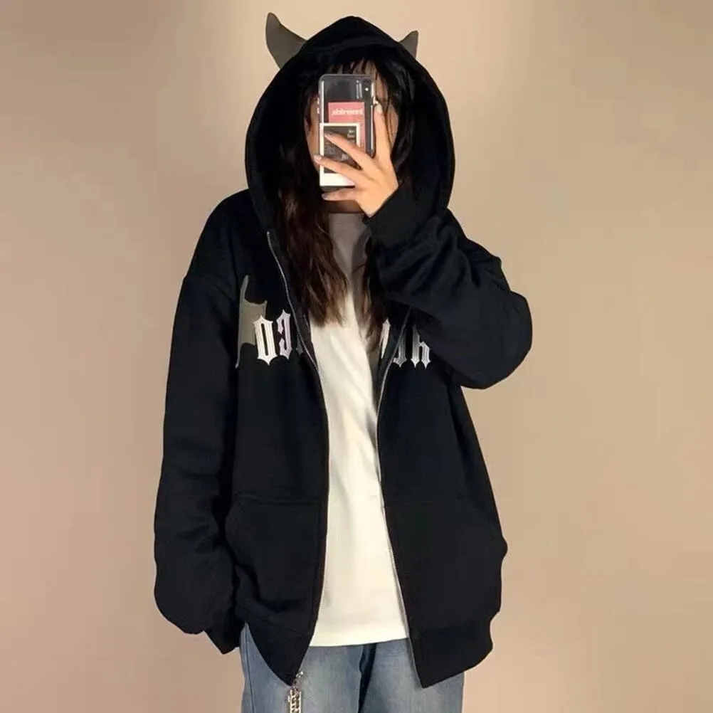 YEMOCILE Women Devil Wing Hooded Sweatshirt Casual Loose Long Sleeve Hoodies Pullover Tops