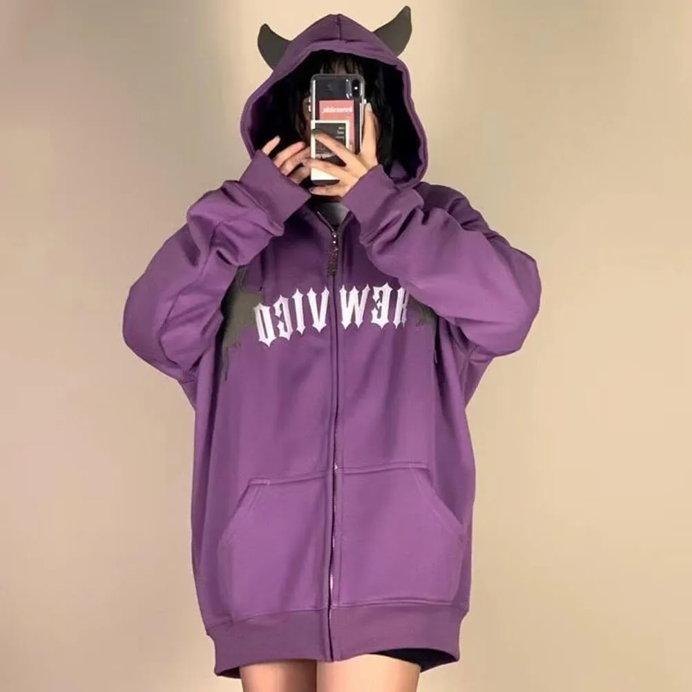 YEMOCILE Women Devil Wing Hooded Sweatshirt Casual Loose Long Sleeve Hoodies Pullover Tops