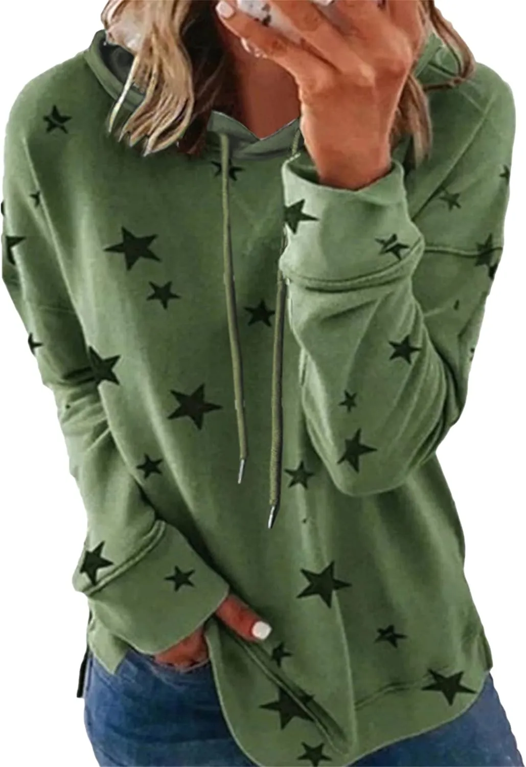 YMING Womens Casual Star Print Hoodies Long Sleeve Hooded Pullover Drawstring Side Split Tunic Tops Plus Size