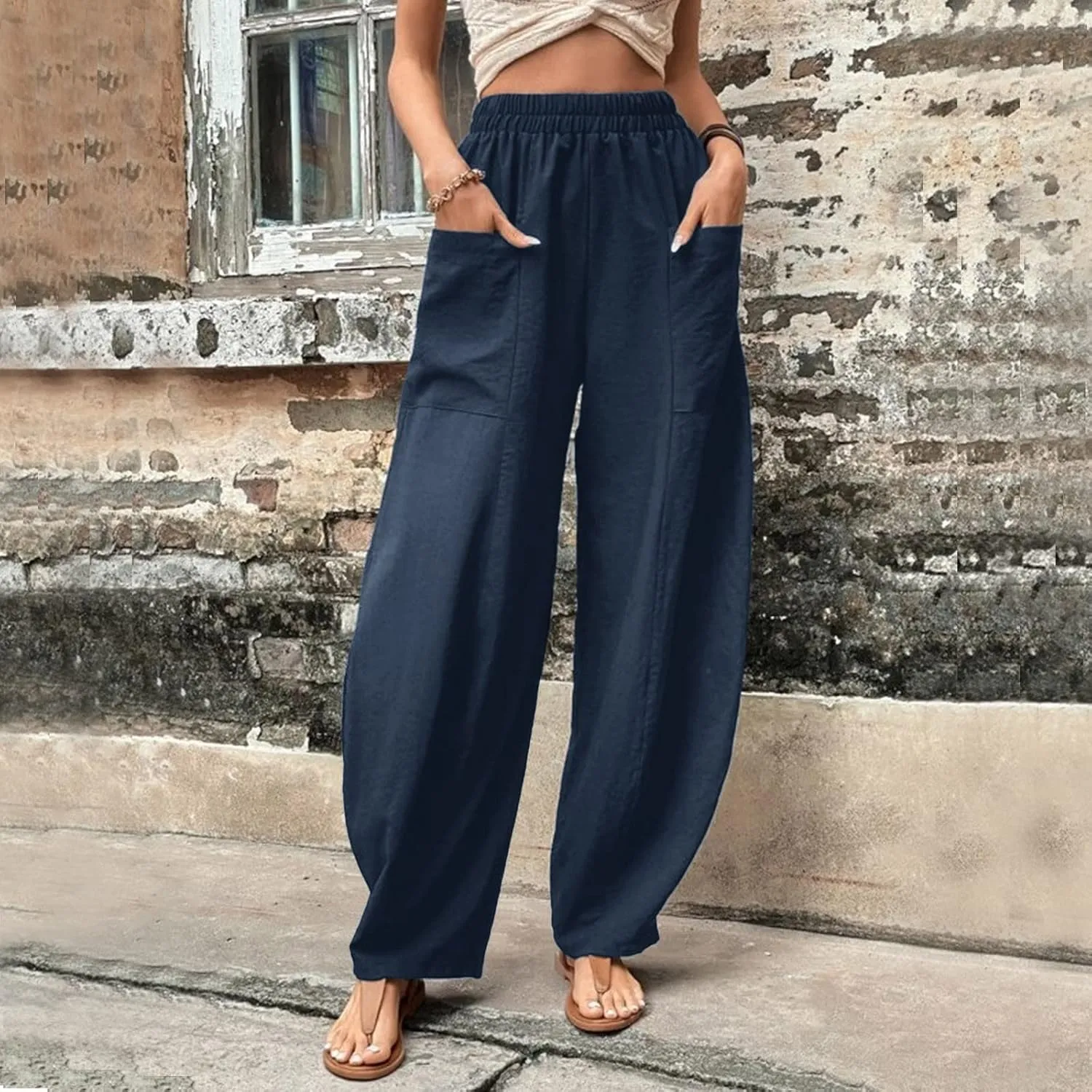 YOLAI Womens Cotton Linen Tapered Pant Elastic Waist Solid Color Harem Pant Summer Lightweight Wide Leg Trousers