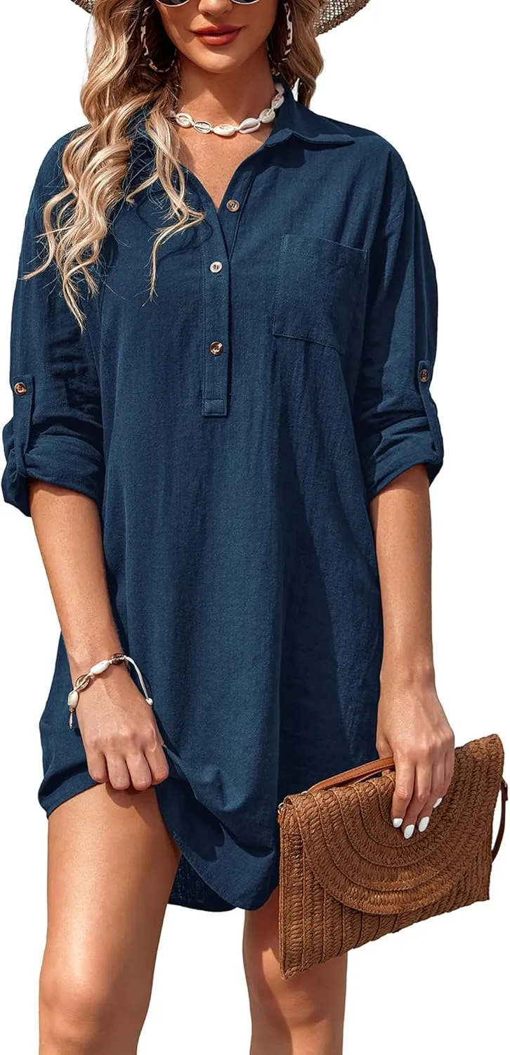 Zeagoo Women Summer Dress 2025 3/4 Sleeve Cotton Linen Button Down V-Neck Shirt Dresses Casual Loose Aline Dress