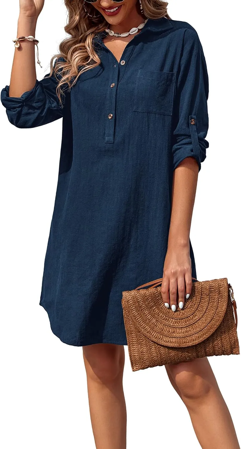 Zeagoo Women Summer Dress 2025 3/4 Sleeve Cotton Linen Button Down V-Neck Shirt Dresses Casual Loose Aline Dress