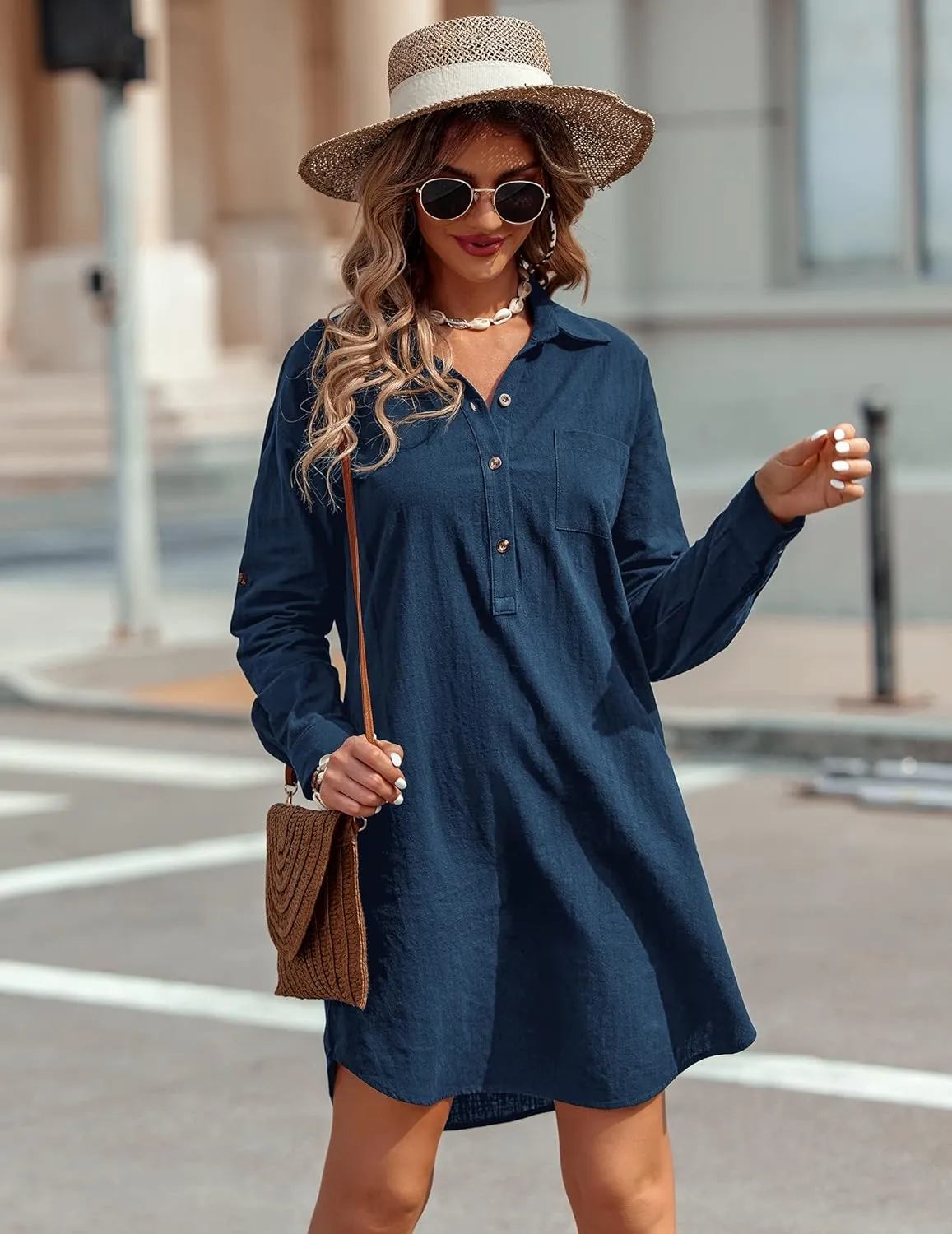 Zeagoo Women Summer Dress 2025 3/4 Sleeve Cotton Linen Button Down V-Neck Shirt Dresses Casual Loose Aline Dress