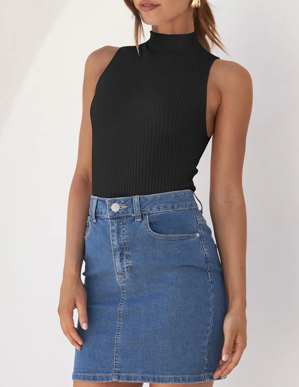 ZESICA Women's Summer Ribbed High Neck Tank Tops Slim Fit Fashion Casual Basic Knit Sleeveless Shirts