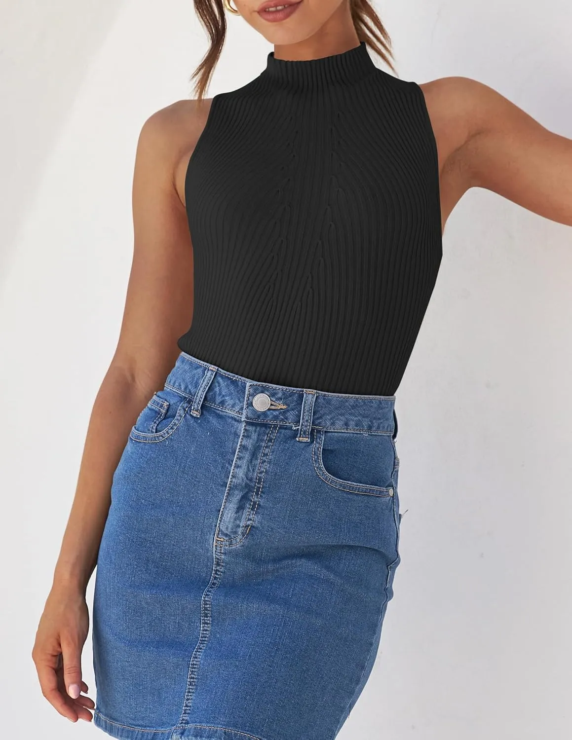 ZESICA Women's Summer Ribbed High Neck Tank Tops Slim Fit Fashion Casual Basic Knit Sleeveless Shirts