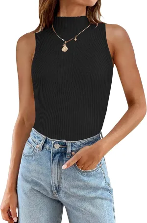 ZESICA Women's Summer Ribbed High Neck Tank Tops Slim Fit Fashion Casual Basic Knit Sleeveless Shirts