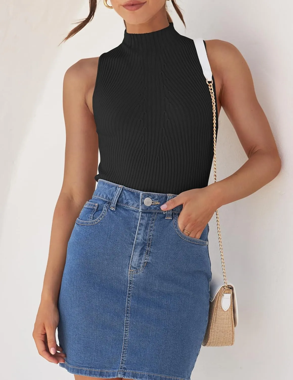 ZESICA Women's Summer Ribbed High Neck Tank Tops Slim Fit Fashion Casual Basic Knit Sleeveless Shirts